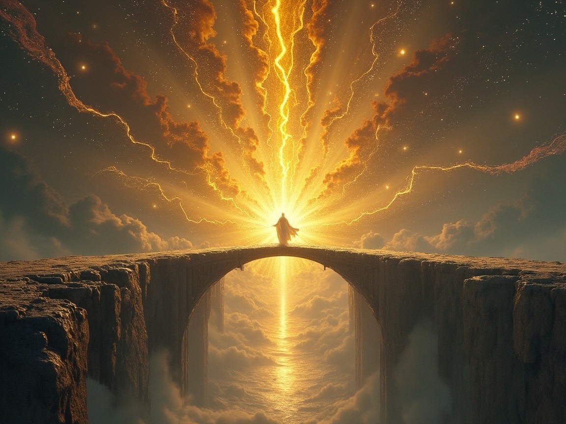 Mystical Figure on a Grand Bridge in Golden Light
