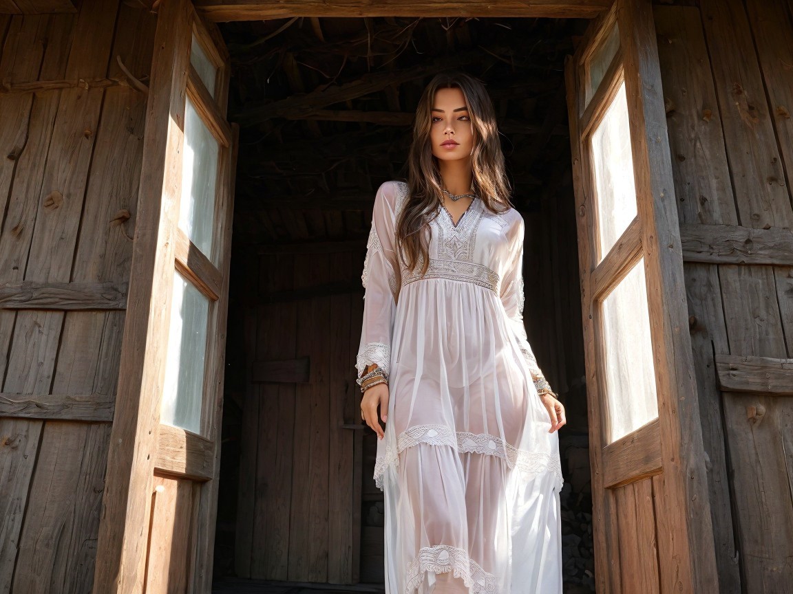 Woman in White Dress by Wooden Doorway in Sunlight