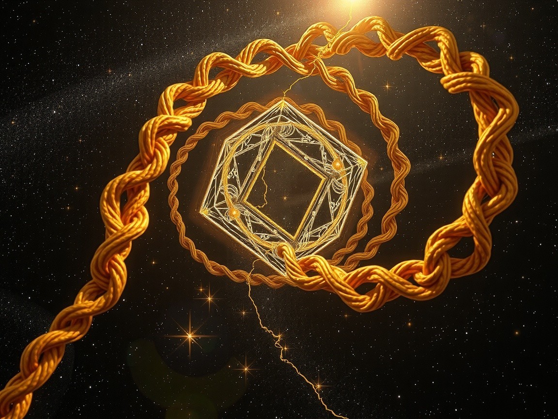 Golden Rope Spiral in a Starry Cosmos with Cube