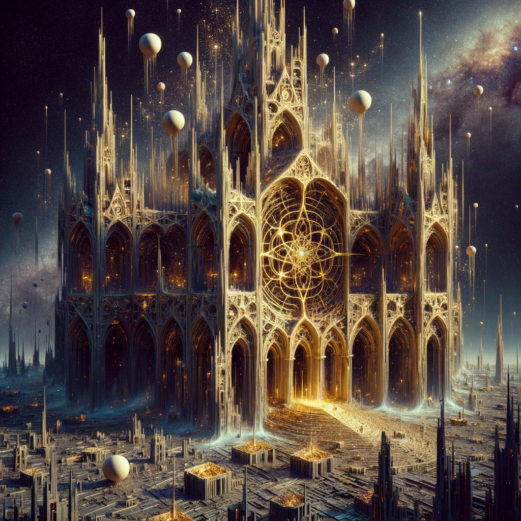 Gothic Cathedral Against Starry Galaxy Background