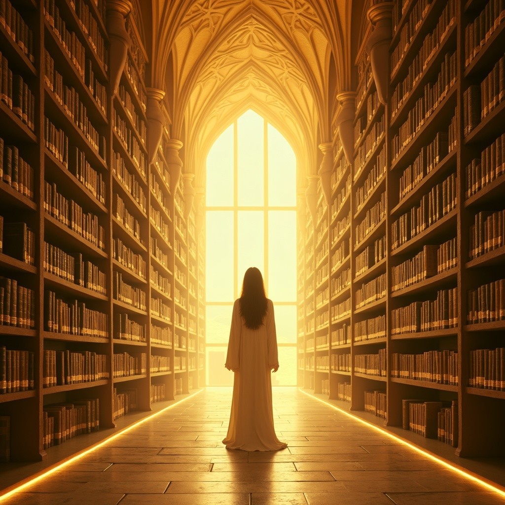 Woman in White Gown in Grand Library with Bookshelves