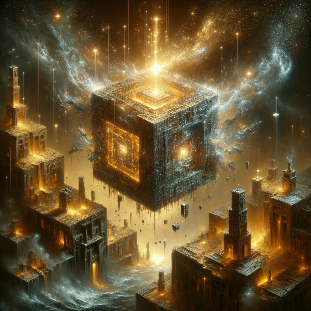 Golden Cube Above Ancient Cityscape with Light Beams