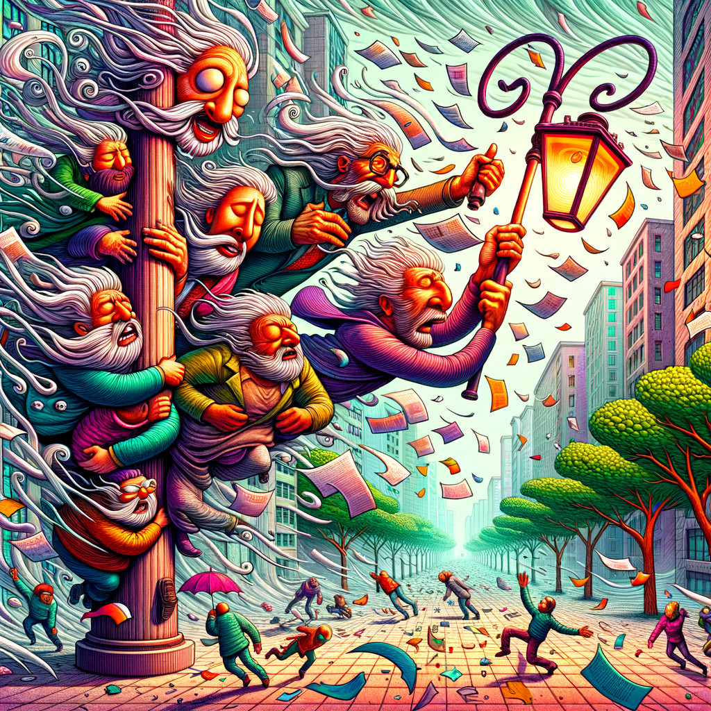 Whimsical Figures Around a Lamppost in Cityscape