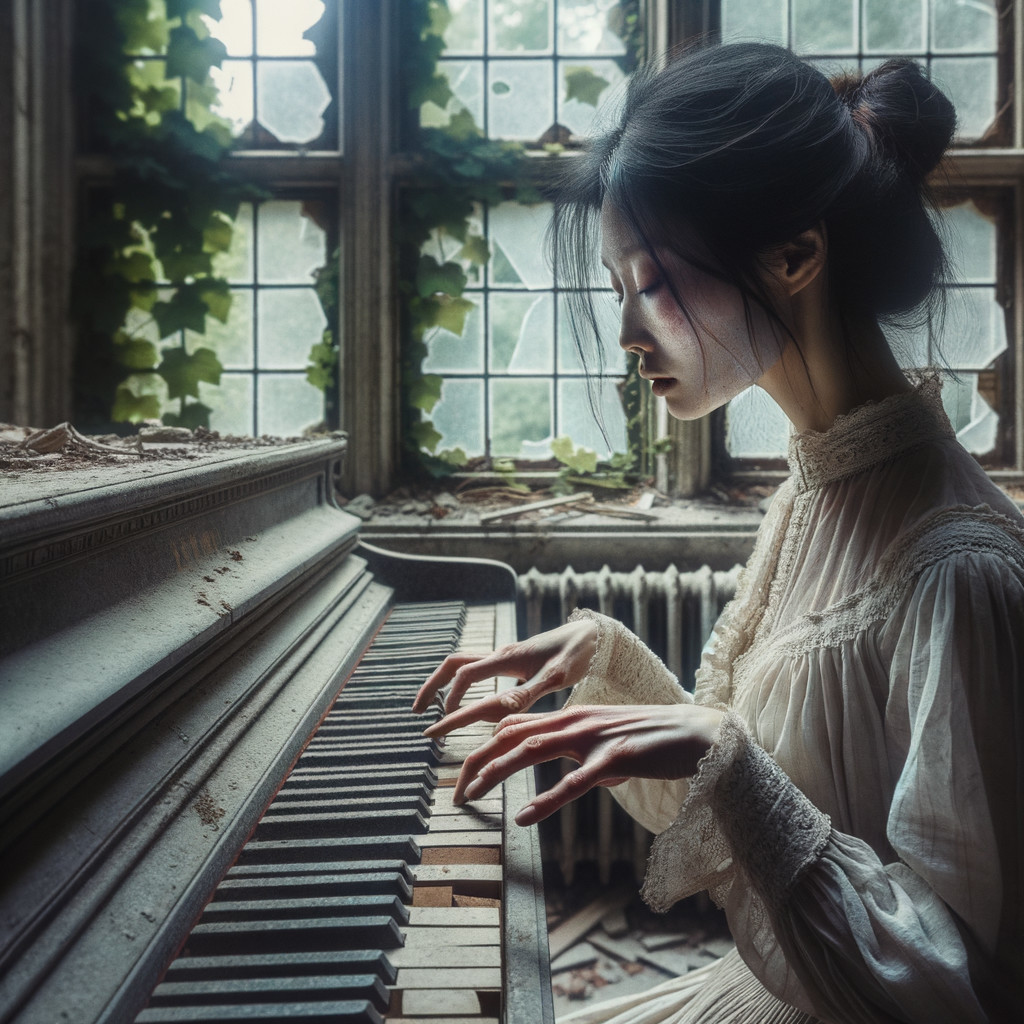 Young woman in vintage dress at abandoned piano