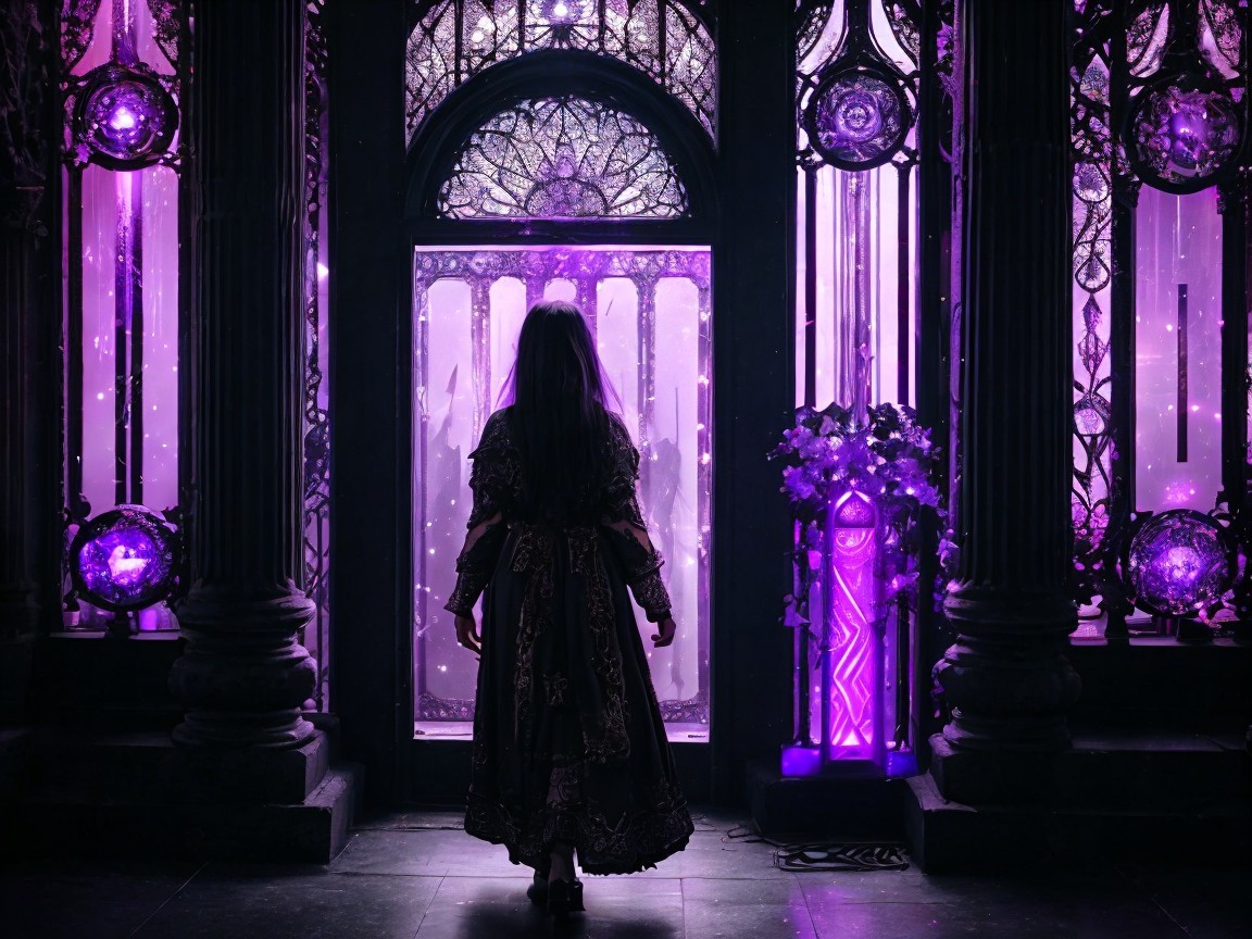 Mysterious Figure Before Ornate Illuminated Doorway
