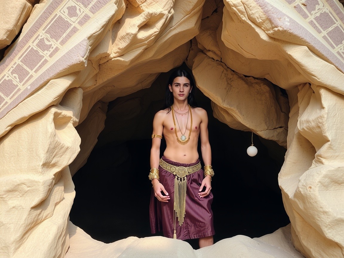 Young man in traditional attire at sandy cave entrance