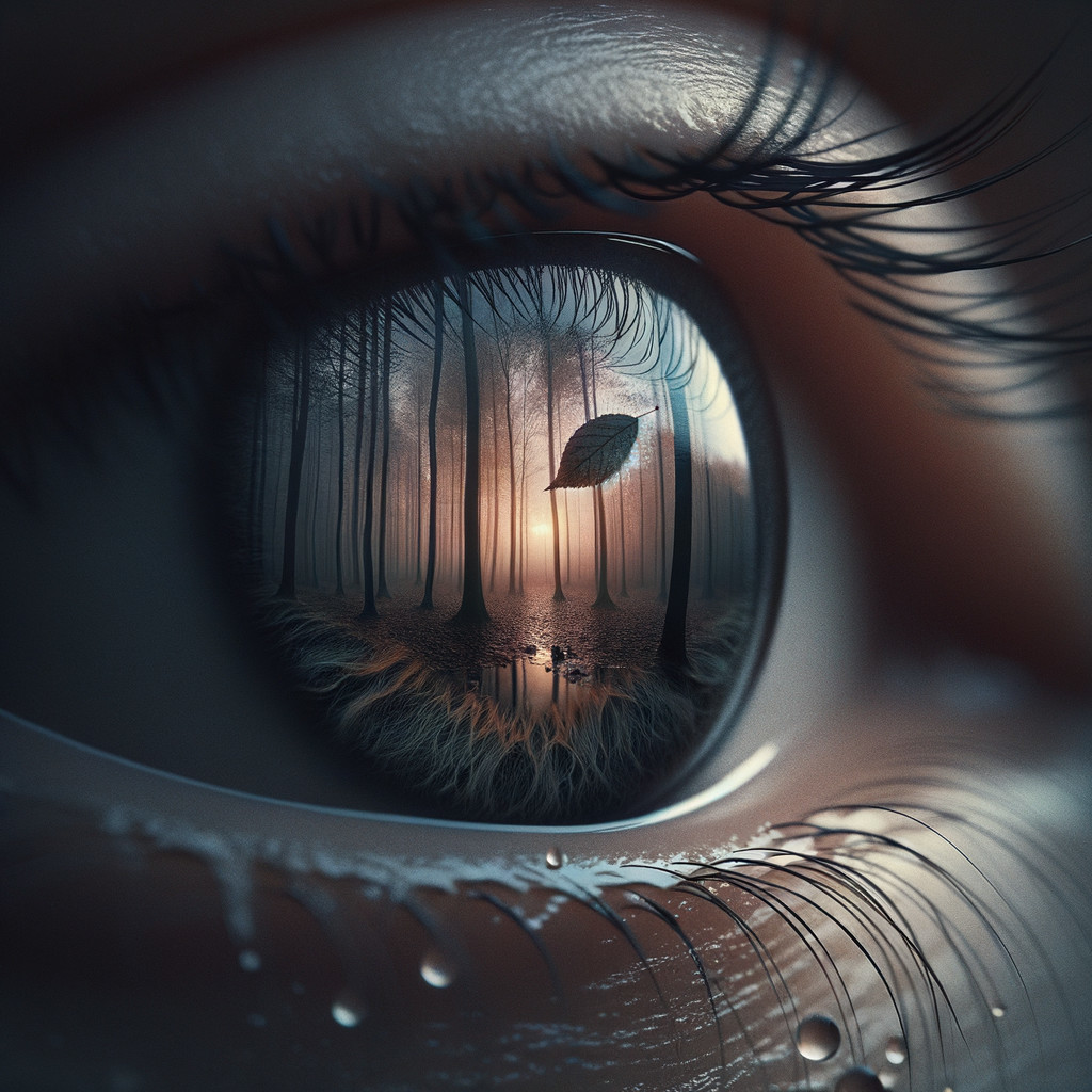 Close-up of a human eye with mystical forest reflection