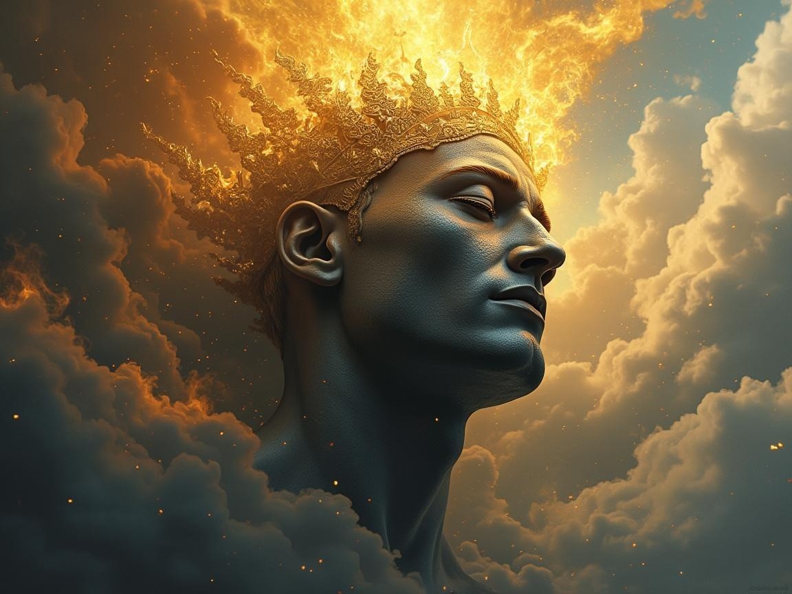 Ethereal Figure with Fiery Mane and Soft Clouds