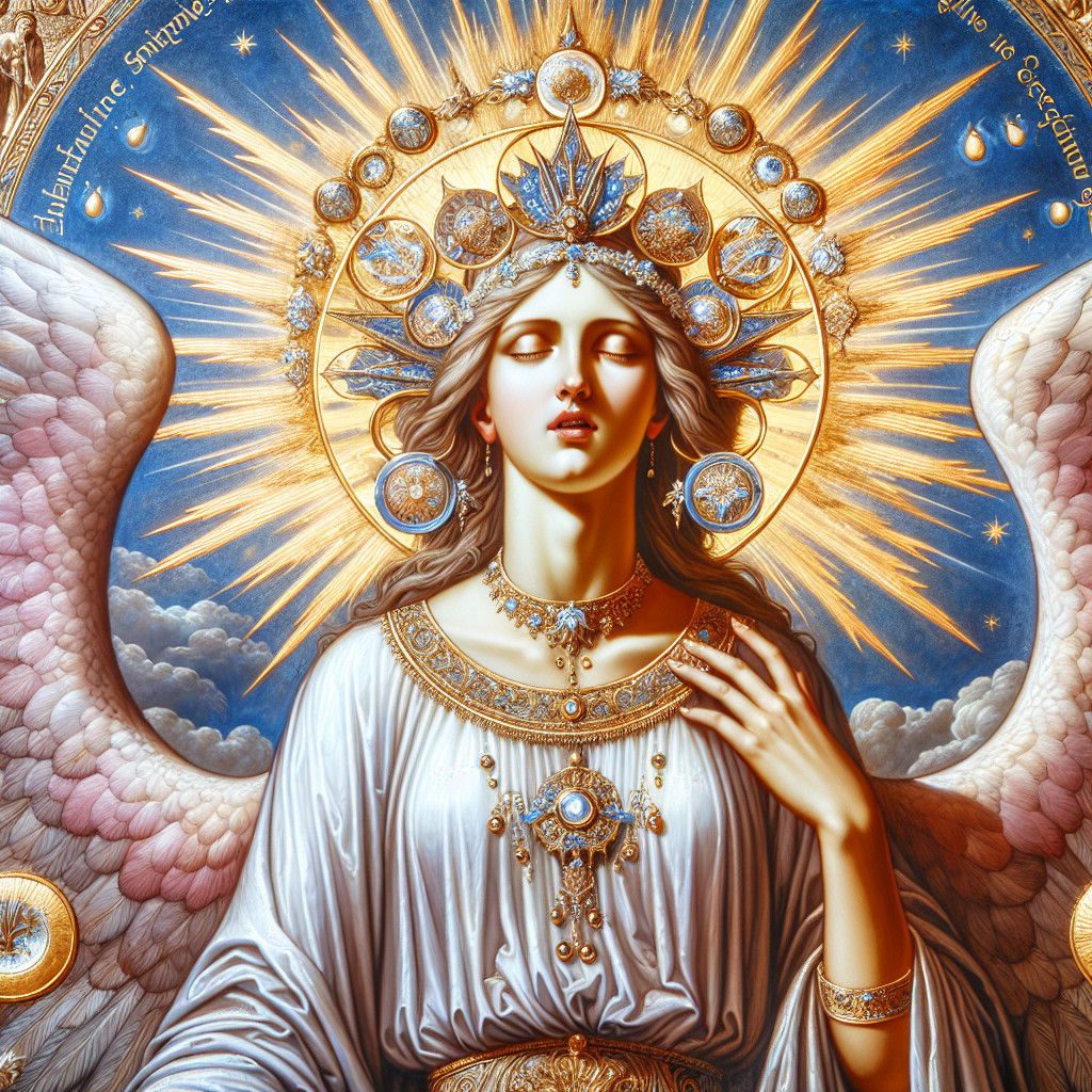 Majestic angelic figure in radiant light and jewelry