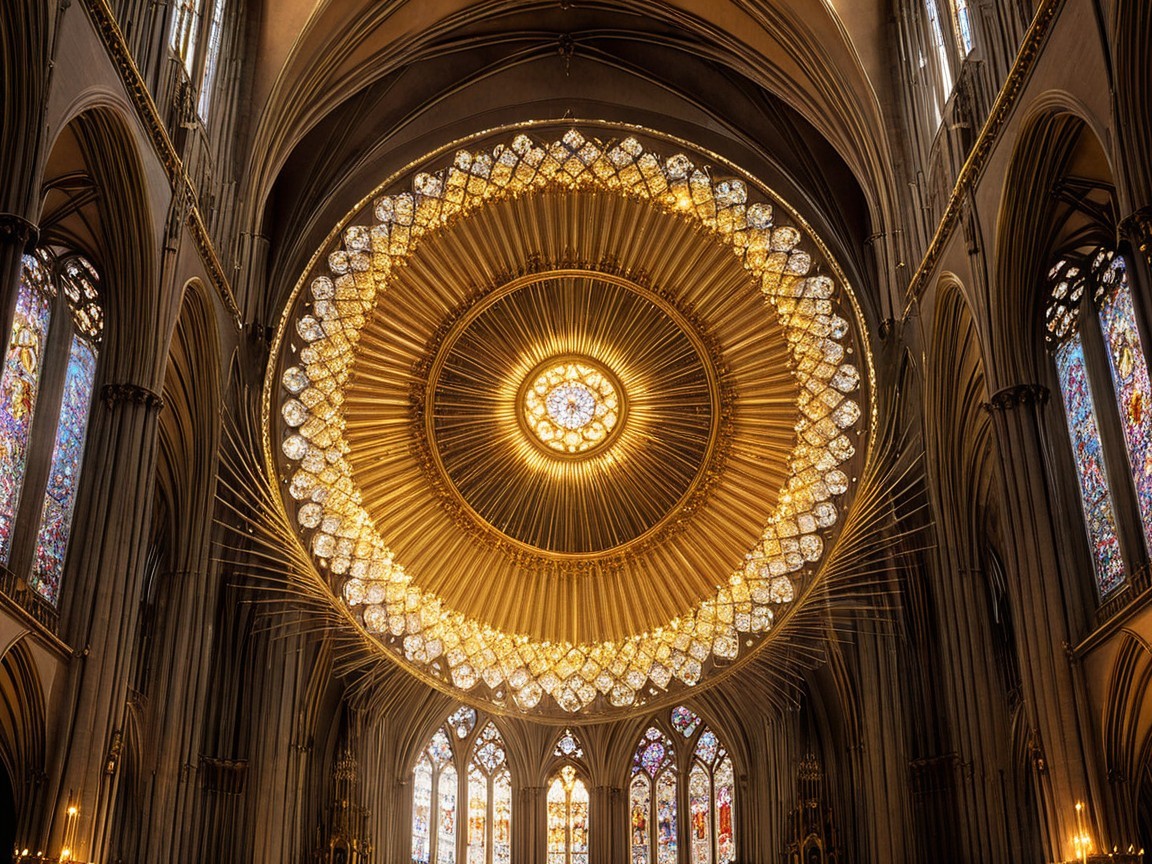 Grand Cathedral Ceiling with Stained Glass and Arches