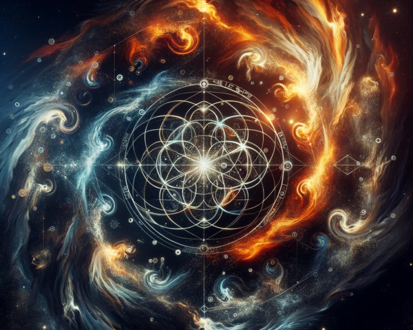 Vibrant Cosmic Scene with Geometric Patterns and Stardust