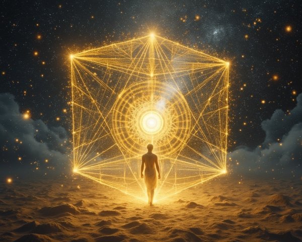 Cosmic Landscape with Glowing Geometric Cube