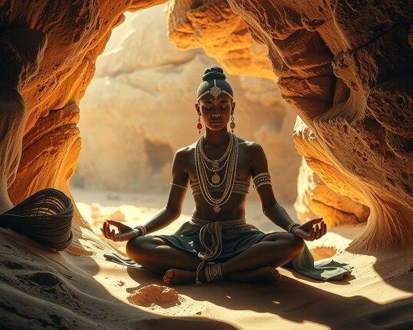 Meditative Figure in Serene Cave Setting with Jewelry