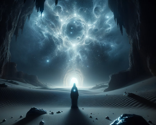Mystical Cave Scene with Ethereal Light and Celestial Patterns
