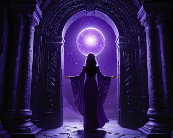 Mystic Figure in Purple Robe Under Radiant Moon