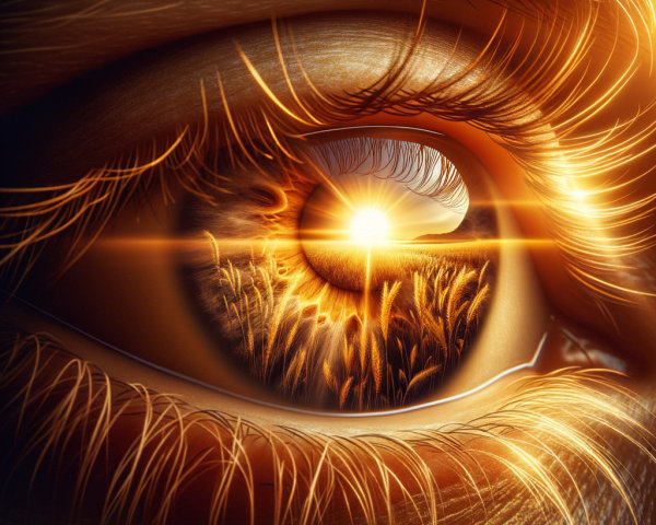 Close-up of a human eye with golden iris and sunset reflection