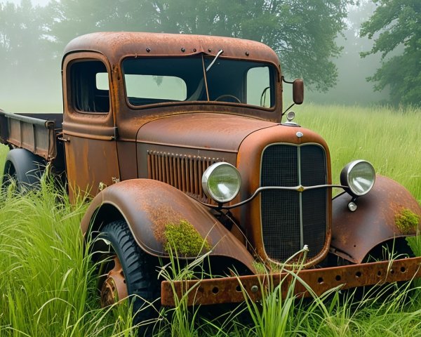 Vintage Truck in Field Surrounded by Tall Grass