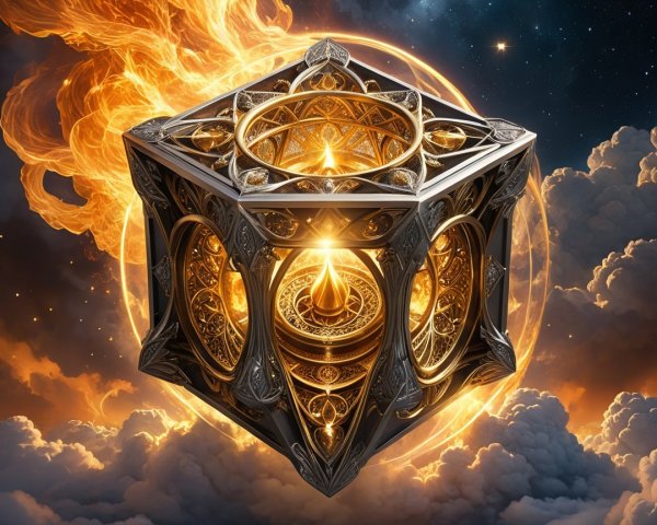 Floating Cube Surrounded by Clouds and Flames