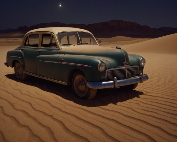 Vintage Car on Desert Sands Under Starlit Sky