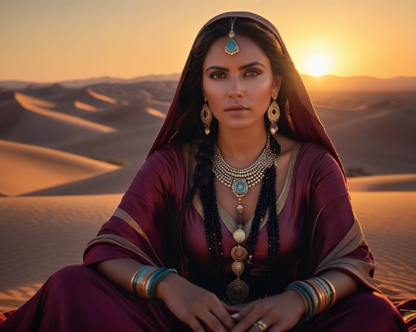 Woman in Burgundy Robes Amidst Desert Sunset