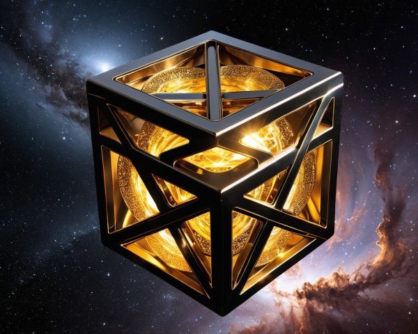 Metallic Cube in Cosmic Space with Geometric Patterns