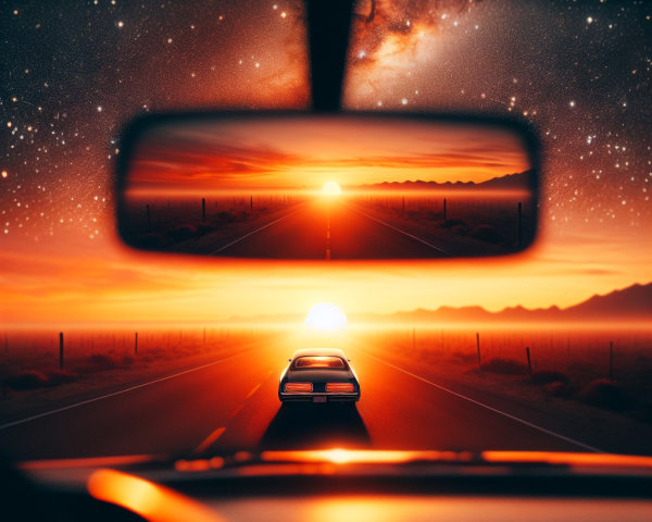 Car Interior View with Sunset and Starry Sky Reflection