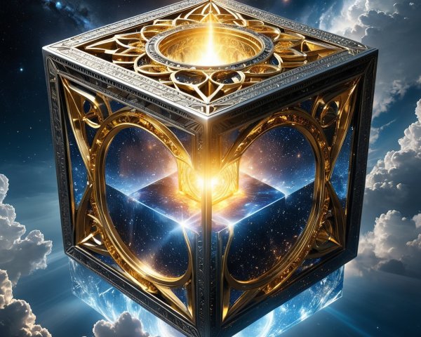 Cosmic Cube with Golden Filigree in Starry Sky