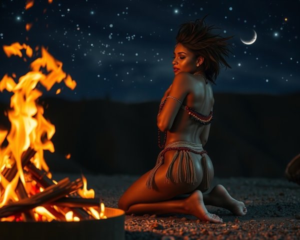 Night Scene with Campfire and Starry Sky