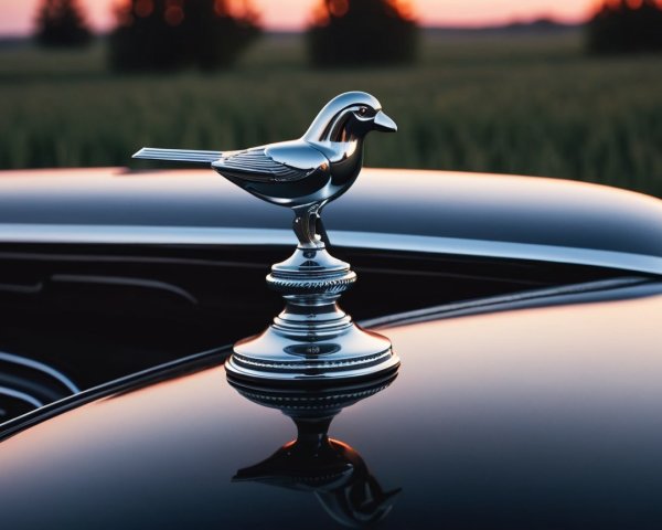Polished Chrome Bird Ornament on Classic Car Hood