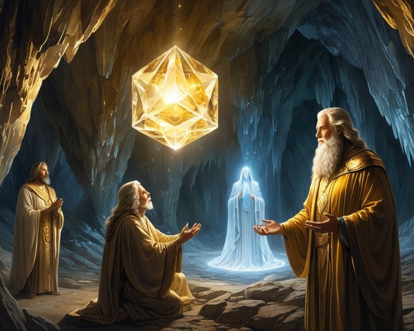 Three Wise Figures in a Mystical Cave Seeking Guidance