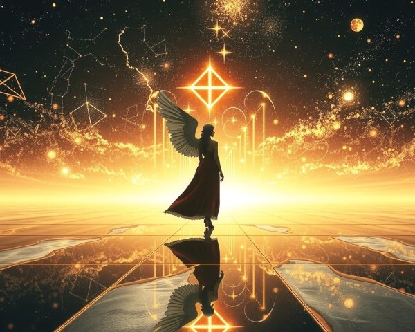Celestial Figure with Wings Against Starry Background