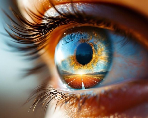 Close-Up of an Eye Reflecting a Sunset and Road