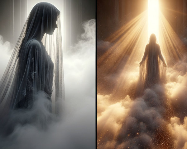 Mysterious figure in ethereal light and swirling clouds
