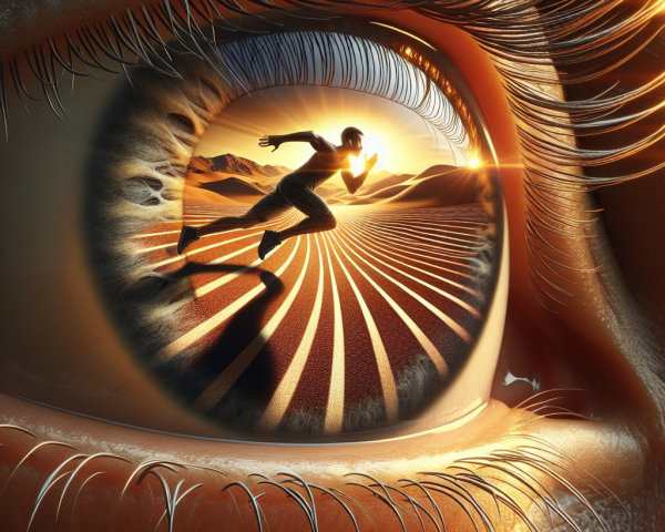Close-up of a human eye with a desert scene reflection