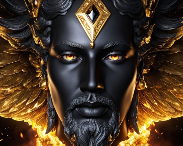 Stylized portrait of a crowned figure with wings