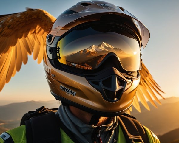 Reflective Helmet with Golden Wings in Mountain Scene