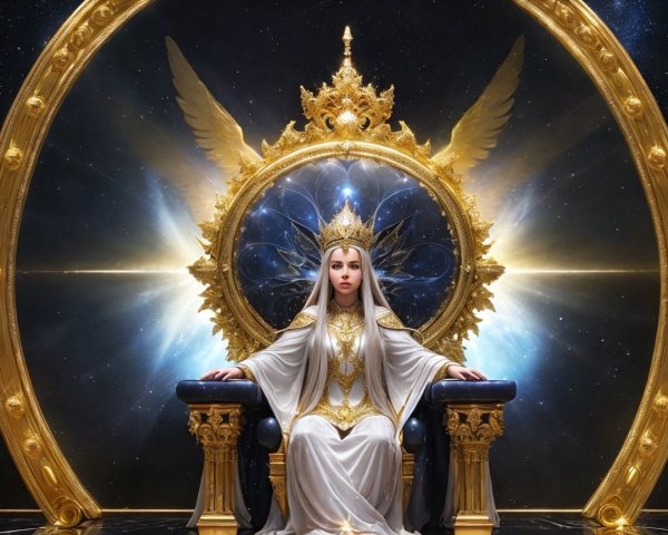 Majestic Figure on Ornate Throne with Cosmic Backdrop