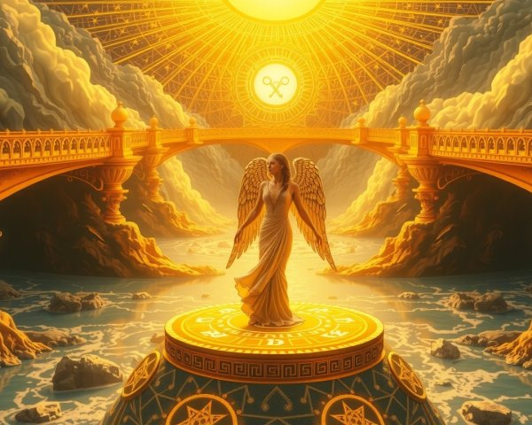Majestic angel with golden wings in celestial scene