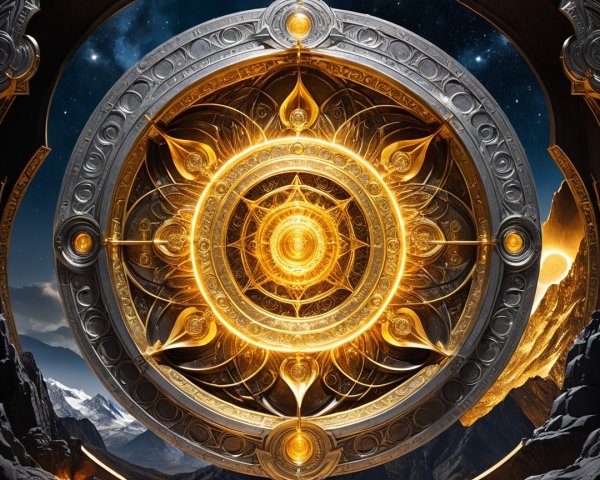 Intricate Circular Design with Cosmic Backdrop