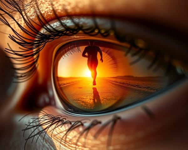 Close-up of a Human Eye Reflecting a Sunset Scene