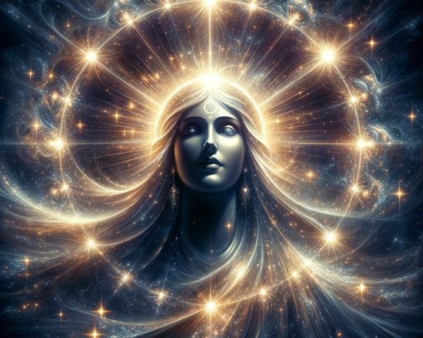 Celestial Figure in Cosmic Backdrop with Stars and Galaxies