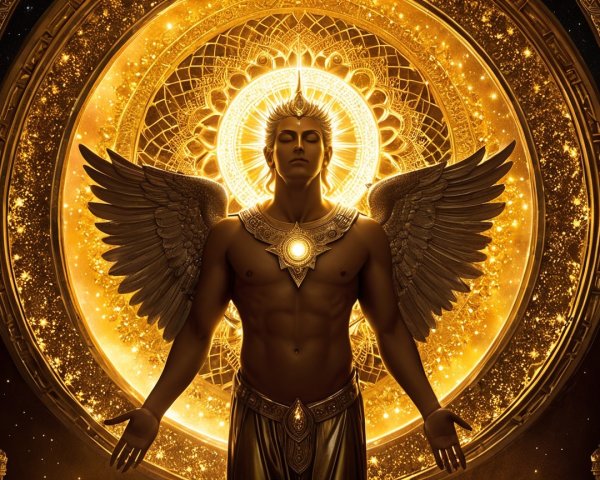 Majestic figure with detailed wings and golden halo