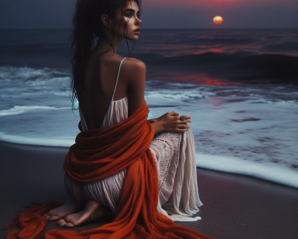 Young woman in flowing dress by sunset shoreline