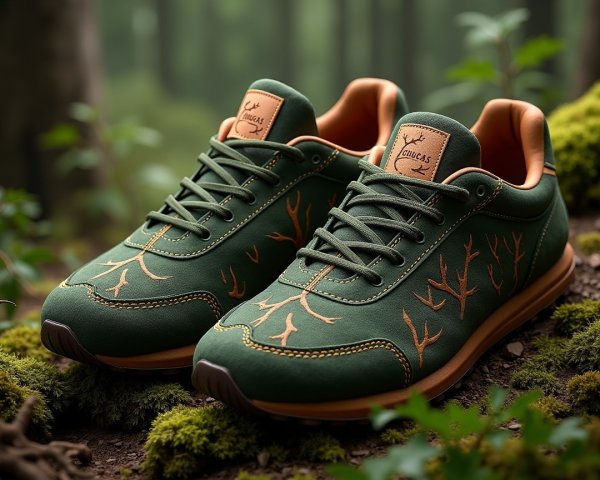 Stylish Green Sneakers with Leaf Designs in Forest Setting