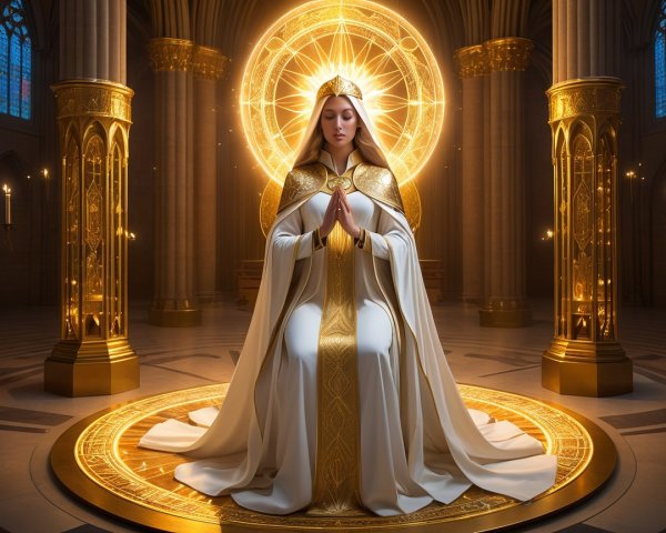 Serene Figure in White Gown Praying in Cathedral
