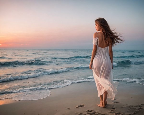 Woman in White Dress on Sunset Beach