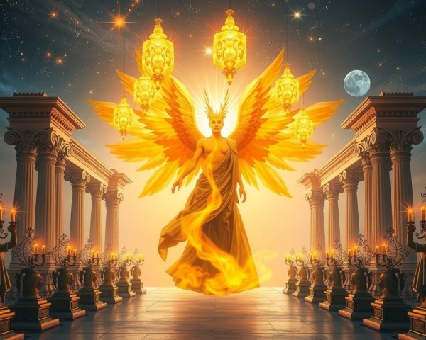 Ethereal Figure with Golden Wings in Celestial Scene