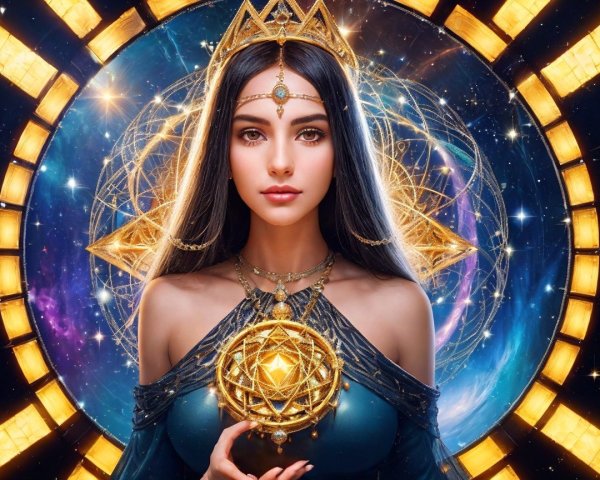 Mystical figure in blue and gold with radiant orb
