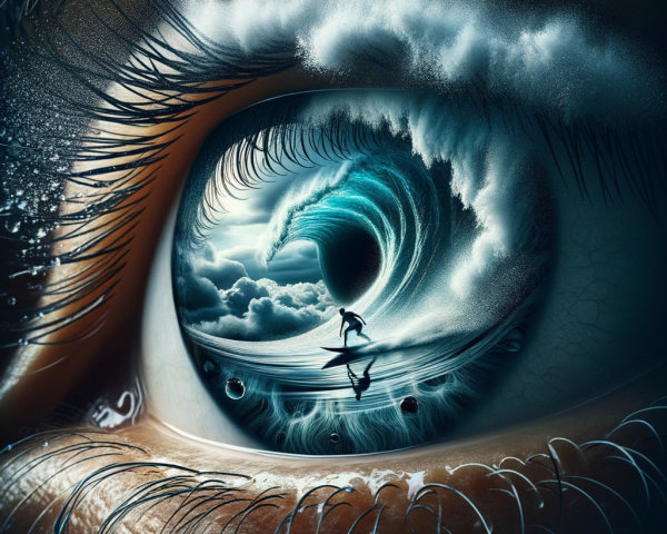 Close-Up of Eye Reflecting Ocean Scene and Surfer