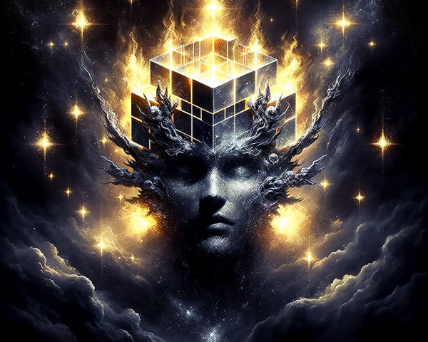 Surreal Human Face with Abstract Forms and Cosmic Elements